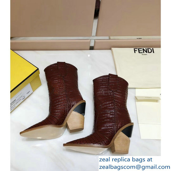 Fendi Heel 10cm Crocodile-Embossed Pointed Toe Ankle Boots Burgundy 2018