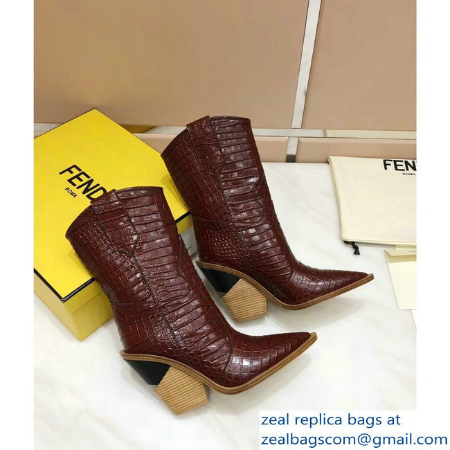 Fendi Heel 10cm Crocodile-Embossed Pointed Toe Ankle Boots Burgundy 2018