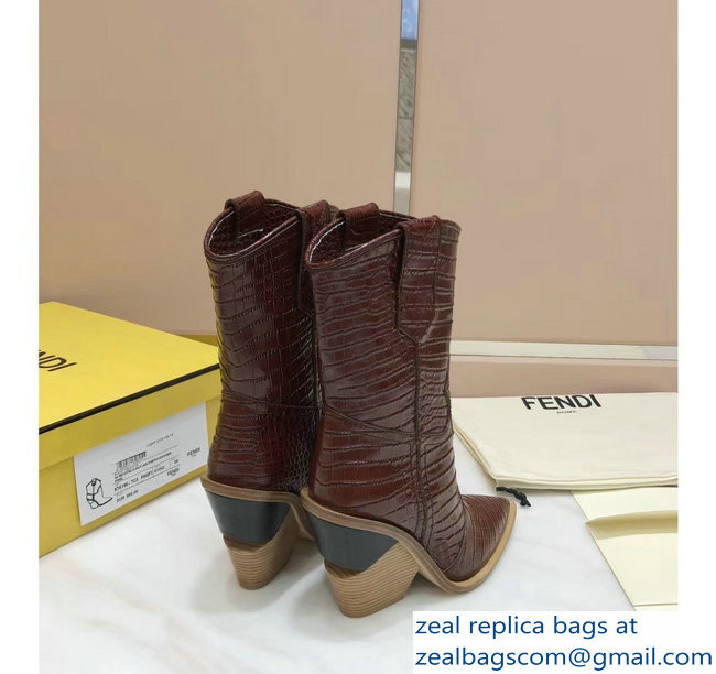 Fendi Heel 10cm Crocodile-Embossed Pointed Toe Ankle Boots Burgundy 2018