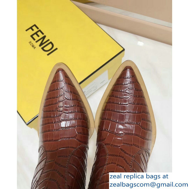 Fendi Heel 10cm Crocodile-Embossed Pointed Toe Ankle Boots Burgundy 2018
