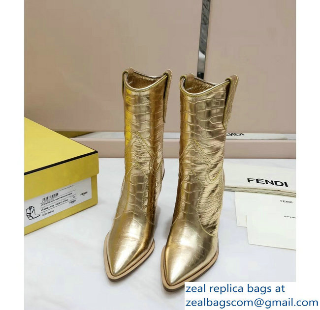 Fendi Heel 10cm Crocodile-Embossed Pointed Toe Ankle Boots Gold 2018