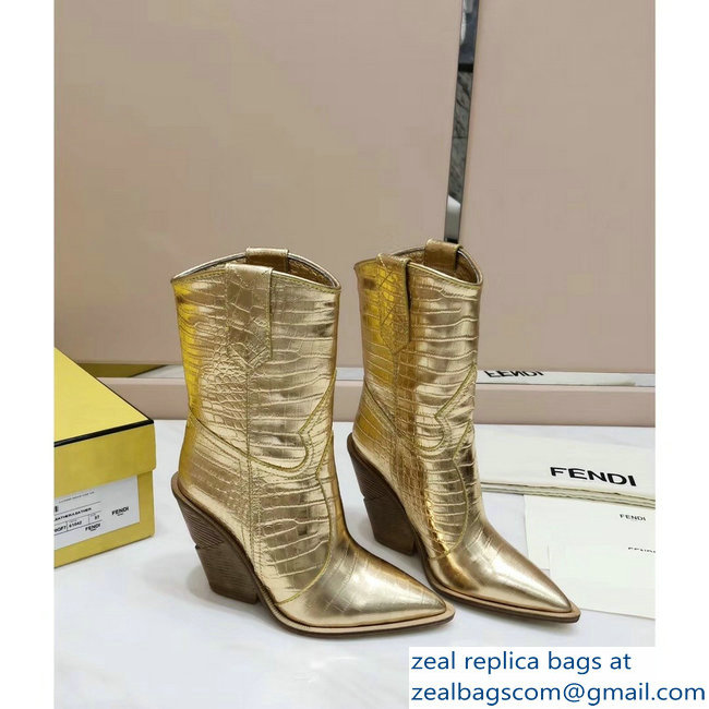 Fendi Heel 10cm Crocodile-Embossed Pointed Toe Ankle Boots Gold 2018