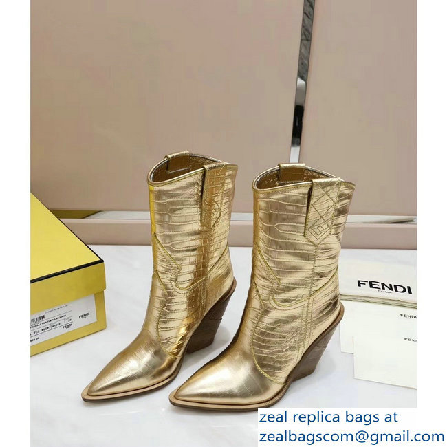Fendi Heel 10cm Crocodile-Embossed Pointed Toe Ankle Boots Gold 2018
