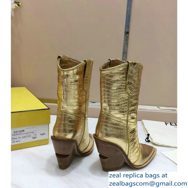 Fendi Heel 10cm Crocodile-Embossed Pointed Toe Ankle Boots Gold 2018