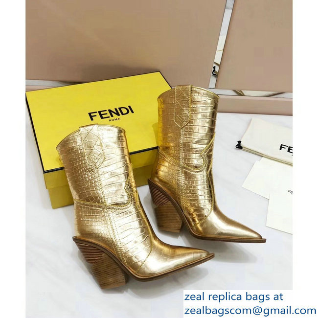 Fendi Heel 10cm Crocodile-Embossed Pointed Toe Ankle Boots Gold 2018