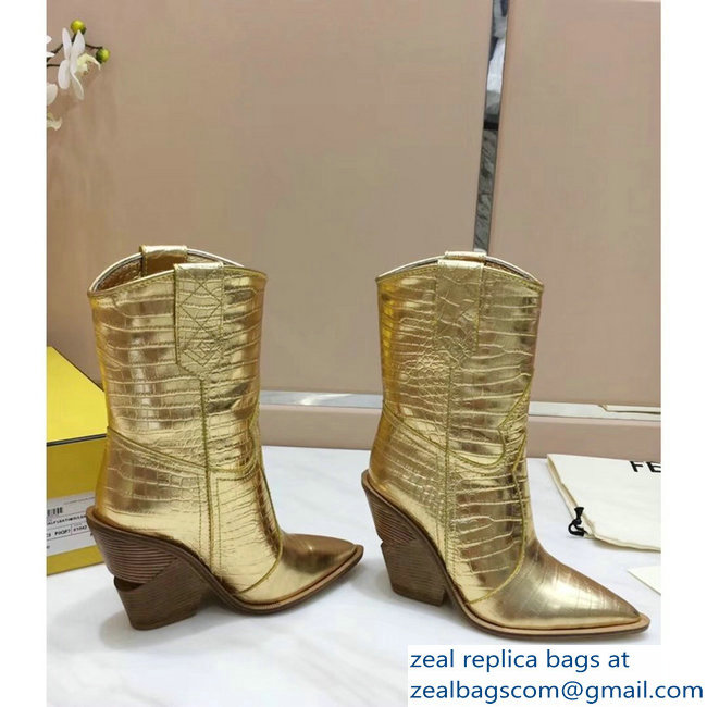 Fendi Heel 10cm Crocodile-Embossed Pointed Toe Ankle Boots Gold 2018