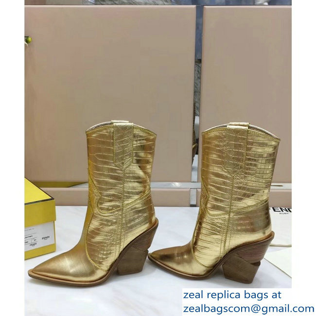 Fendi Heel 10cm Crocodile-Embossed Pointed Toe Ankle Boots Gold 2018