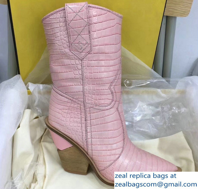 Fendi Heel 10cm Crocodile-Embossed Pointed Toe Ankle Boots Pink 2018