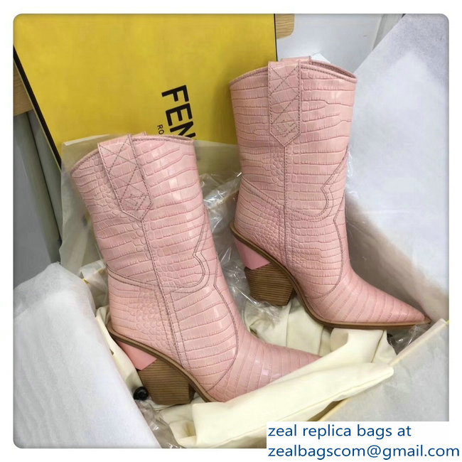 Fendi Heel 10cm Crocodile-Embossed Pointed Toe Ankle Boots Pink 2018
