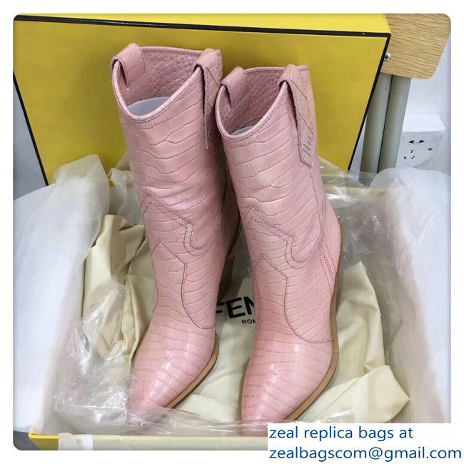 Fendi Heel 10cm Crocodile-Embossed Pointed Toe Ankle Boots Pink 2018