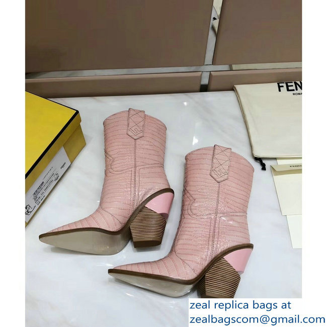 Fendi Heel 10cm Crocodile-Embossed Pointed Toe Ankle Boots Pink 2018