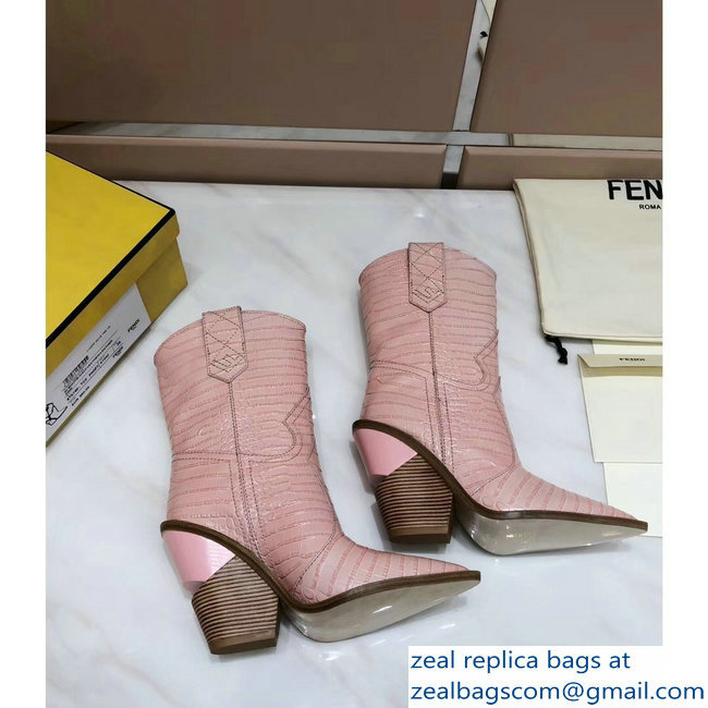 Fendi Heel 10cm Crocodile-Embossed Pointed Toe Ankle Boots Pink 2018