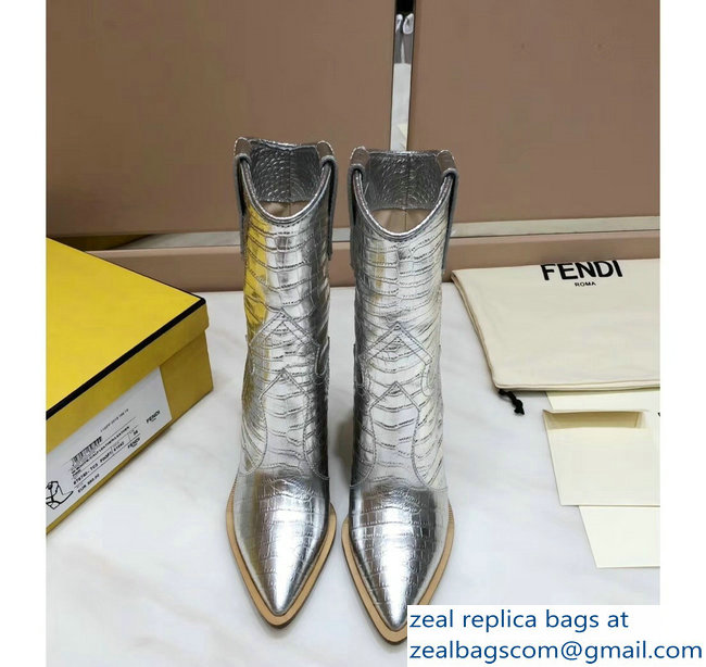 Fendi Heel 10cm Crocodile-Embossed Pointed Toe Ankle Boots Silver 2018