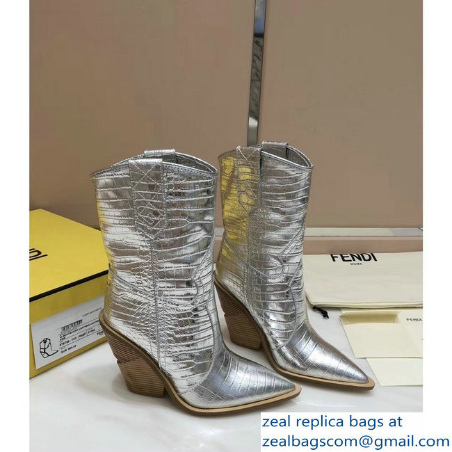 Fendi Heel 10cm Crocodile-Embossed Pointed Toe Ankle Boots Silver 2018