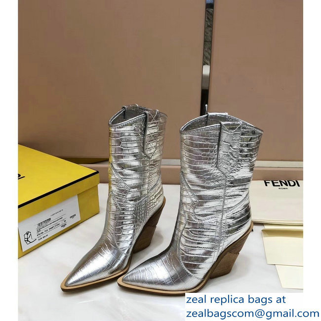 Fendi Heel 10cm Crocodile-Embossed Pointed Toe Ankle Boots Silver 2018