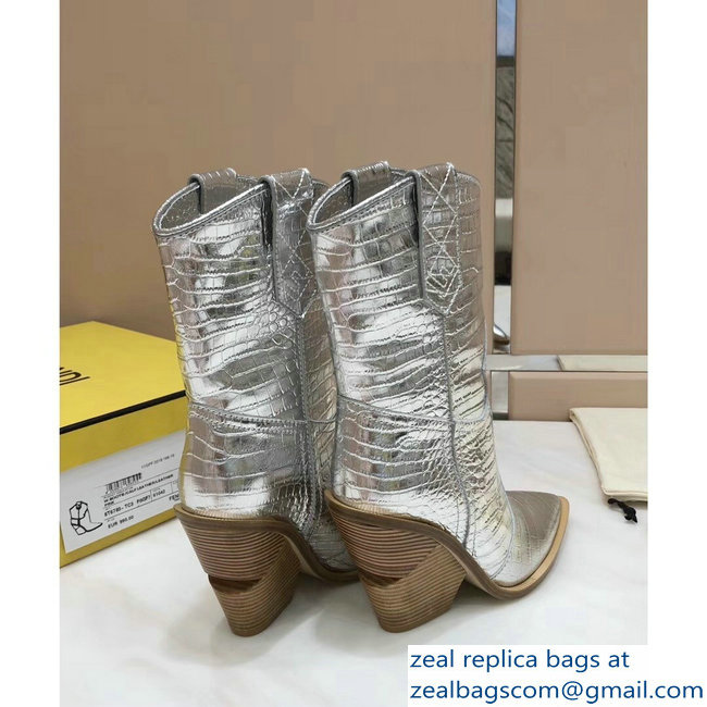 Fendi Heel 10cm Crocodile-Embossed Pointed Toe Ankle Boots Silver 2018