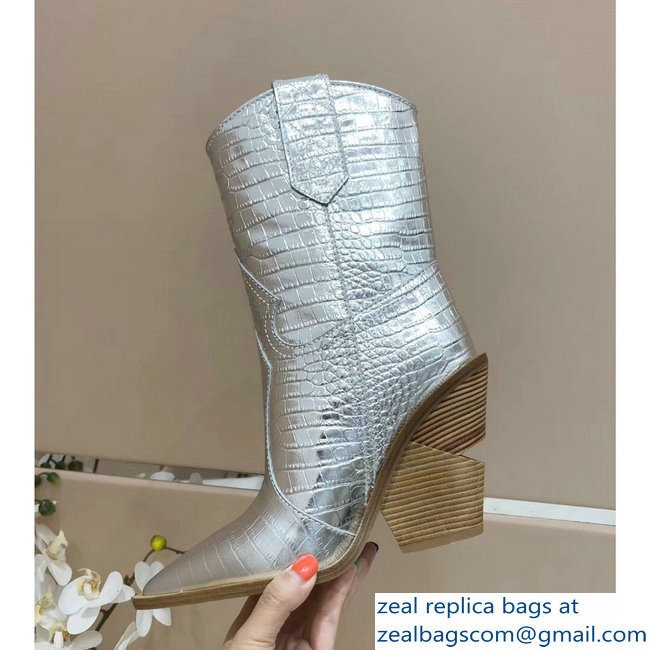 Fendi Heel 10cm Crocodile-Embossed Pointed Toe Ankle Boots Silver 2018