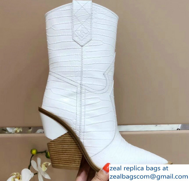 Fendi Heel 10cm Crocodile-Embossed Pointed Toe Ankle Boots White 2018