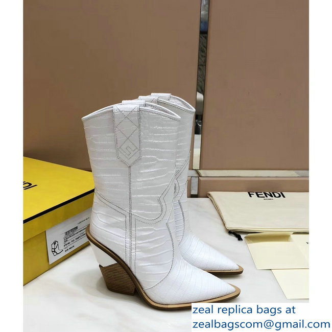 Fendi Heel 10cm Crocodile-Embossed Pointed Toe Ankle Boots White 2018