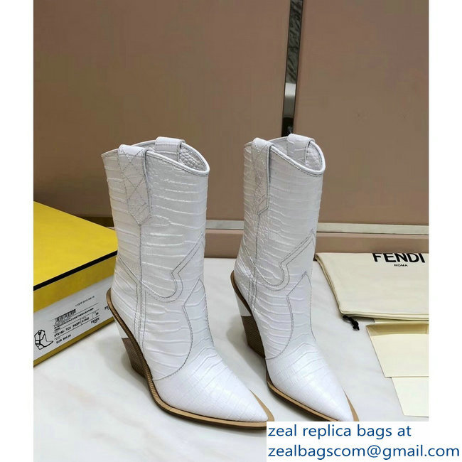 Fendi Heel 10cm Crocodile-Embossed Pointed Toe Ankle Boots White 2018