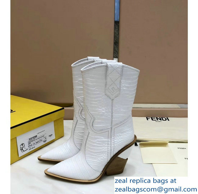 Fendi Heel 10cm Crocodile-Embossed Pointed Toe Ankle Boots White 2018