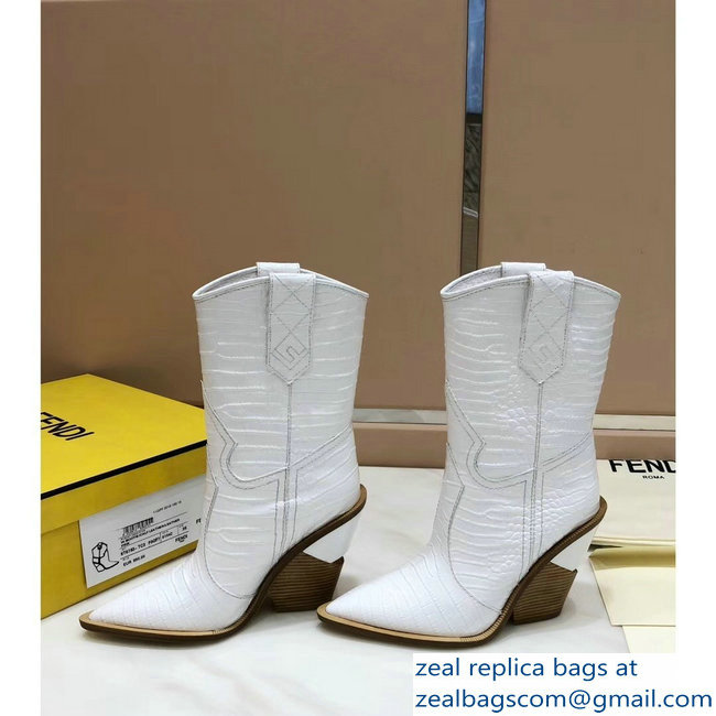 Fendi Heel 10cm Crocodile-Embossed Pointed Toe Ankle Boots White 2018