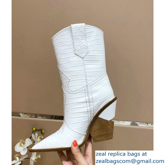 Fendi Heel 10cm Crocodile-Embossed Pointed Toe Ankle Boots White 2018