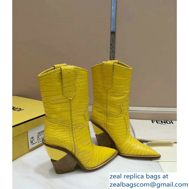 Fendi Heel 10cm Crocodile-Embossed Pointed Toe Ankle Boots Yellow 2018
