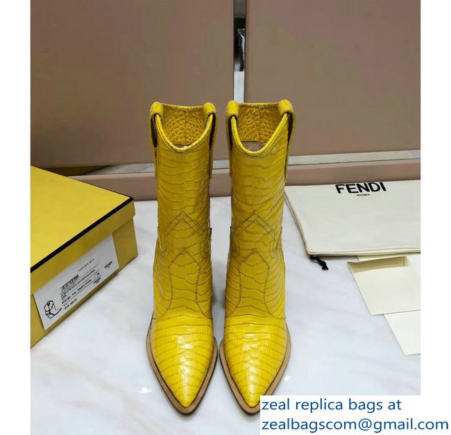 Fendi Heel 10cm Crocodile-Embossed Pointed Toe Ankle Boots Yellow 2018