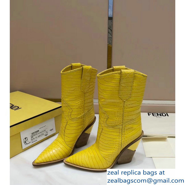 Fendi Heel 10cm Crocodile-Embossed Pointed Toe Ankle Boots Yellow 2018