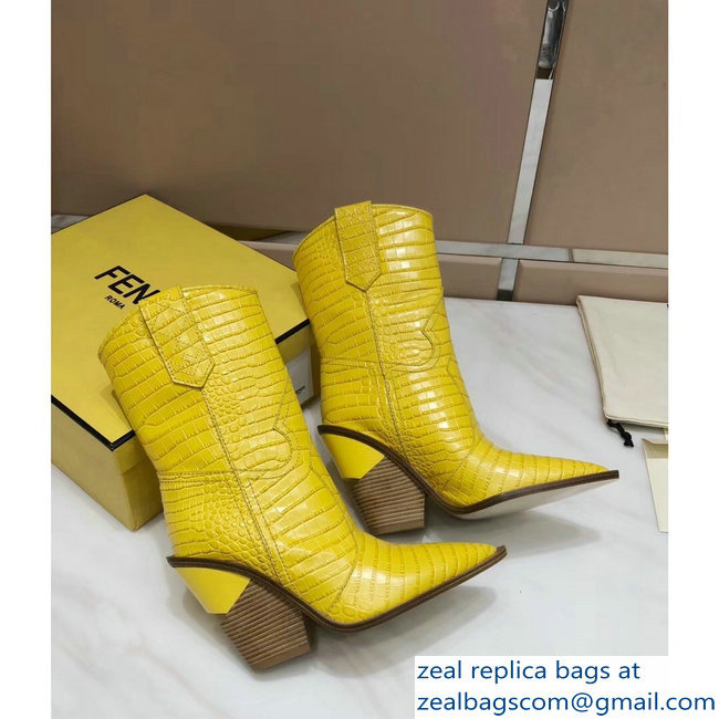 Fendi Heel 10cm Crocodile-Embossed Pointed Toe Ankle Boots Yellow 2018