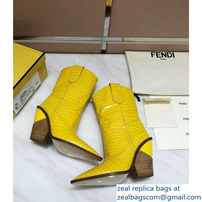 Fendi Heel 10cm Crocodile-Embossed Pointed Toe Ankle Boots Yellow 2018
