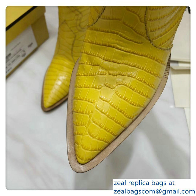 Fendi Heel 10cm Crocodile-Embossed Pointed Toe Ankle Boots Yellow 2018