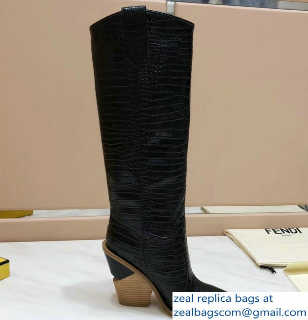 Fendi Heel 10cm Crocodile-Embossed Pointed Toe Boots Black 2018
