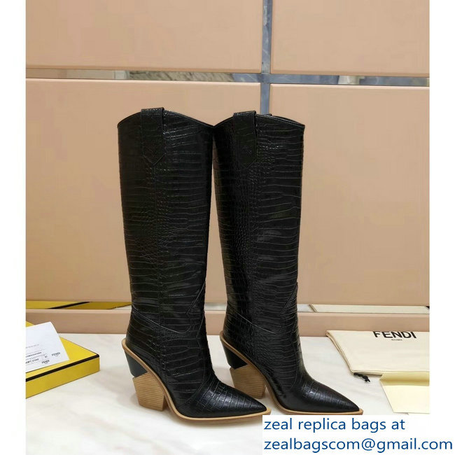 Fendi Heel 10cm Crocodile-Embossed Pointed Toe Boots Black 2018