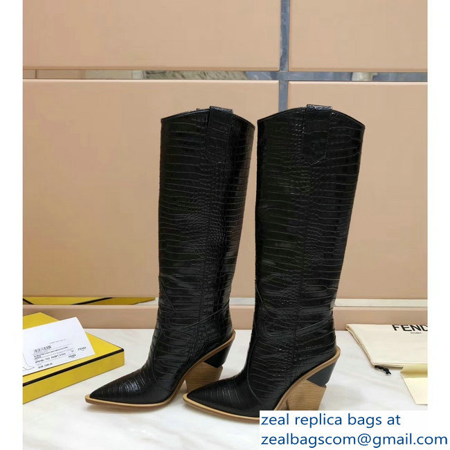 Fendi Heel 10cm Crocodile-Embossed Pointed Toe Boots Black 2018