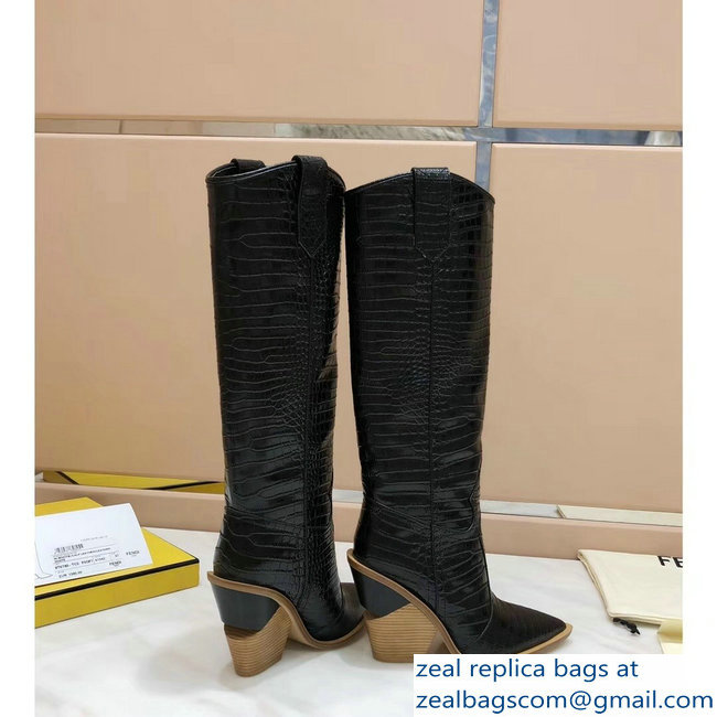 Fendi Heel 10cm Crocodile-Embossed Pointed Toe Boots Black 2018