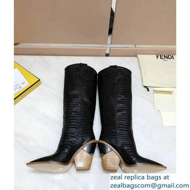 Fendi Heel 10cm Crocodile-Embossed Pointed Toe Boots Black 2018