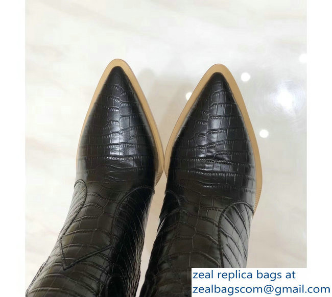 Fendi Heel 10cm Crocodile-Embossed Pointed Toe Boots Black 2018