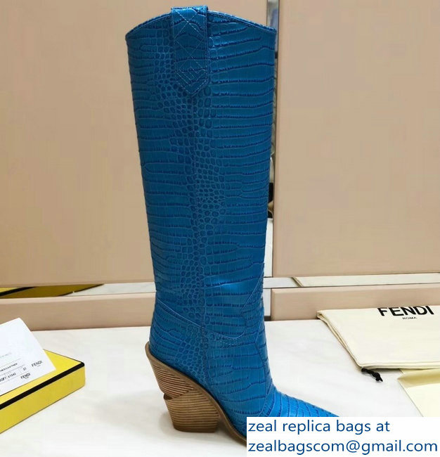 Fendi Heel 10cm Crocodile-Embossed Pointed Toe Boots Blue 2018