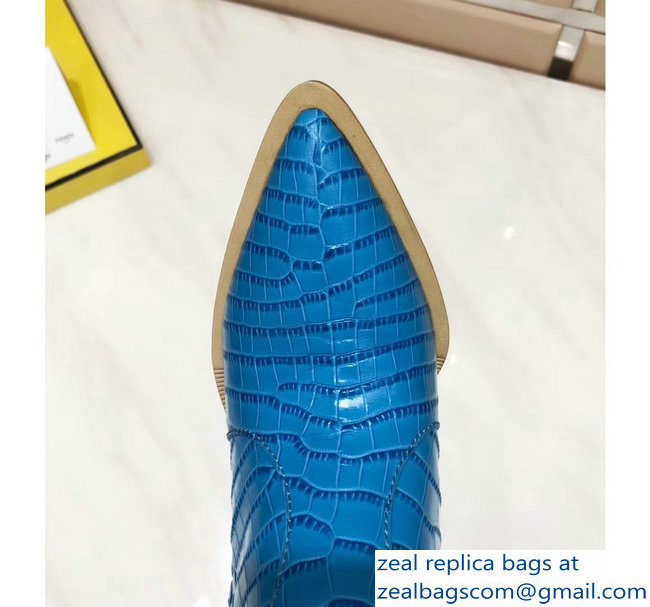 Fendi Heel 10cm Crocodile-Embossed Pointed Toe Boots Blue 2018
