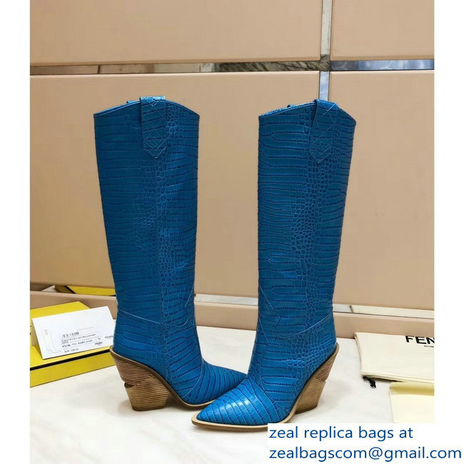Fendi Heel 10cm Crocodile-Embossed Pointed Toe Boots Blue 2018