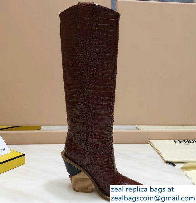 Fendi Heel 10cm Crocodile-Embossed Pointed Toe Boots Burgundy 2018