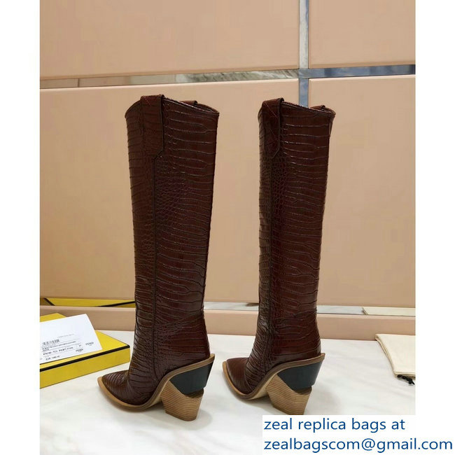 Fendi Heel 10cm Crocodile-Embossed Pointed Toe Boots Burgundy 2018