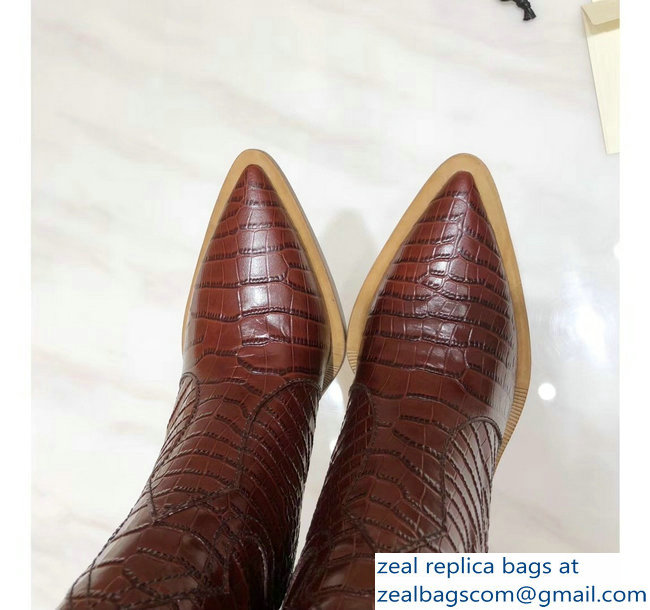 Fendi Heel 10cm Crocodile-Embossed Pointed Toe Boots Burgundy 2018