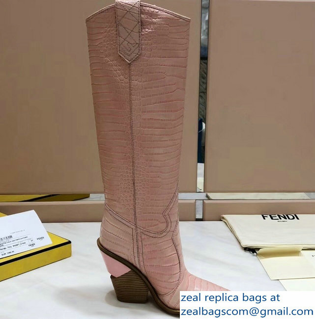 Fendi Heel 10cm Crocodile-Embossed Pointed Toe Boots Pink 2018