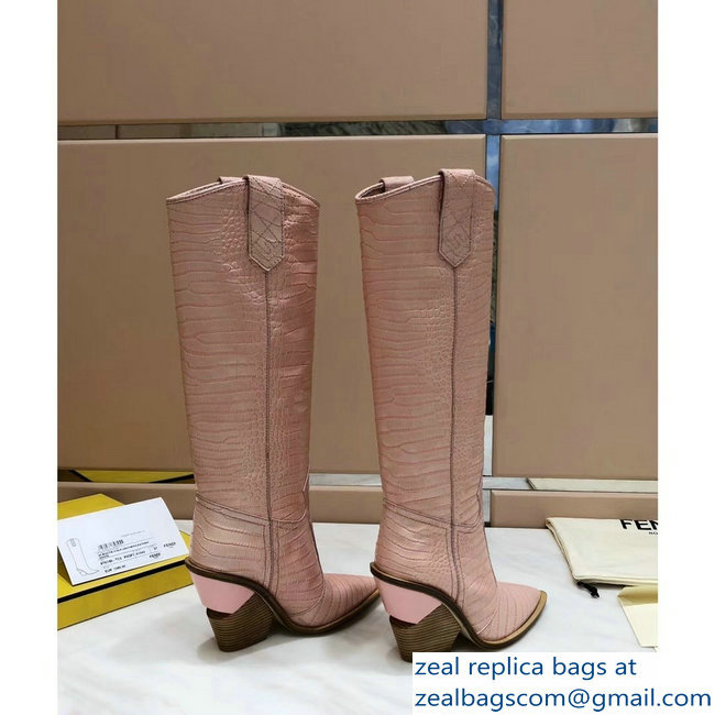 Fendi Heel 10cm Crocodile-Embossed Pointed Toe Boots Pink 2018