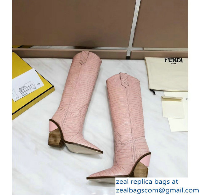 Fendi Heel 10cm Crocodile-Embossed Pointed Toe Boots Pink 2018