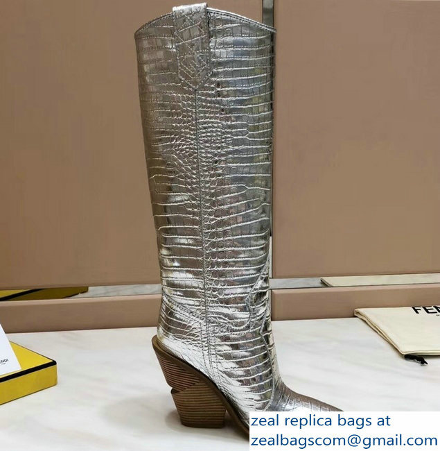 Fendi Heel 10cm Crocodile-Embossed Pointed Toe Boots Silver 2018