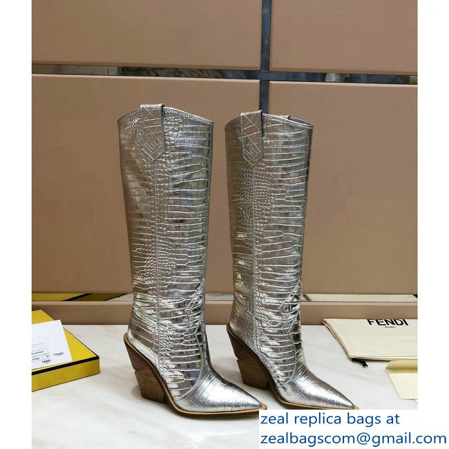 Fendi Heel 10cm Crocodile-Embossed Pointed Toe Boots Silver 2018